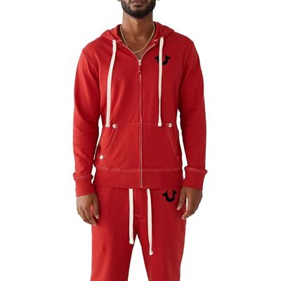 True Religion herrtröja med huva och logotyp för dragkedja, Rubin röd W svart, S True Religion herrtröja med huva och logotyp för dragkedja, Rubin röd W svart, S