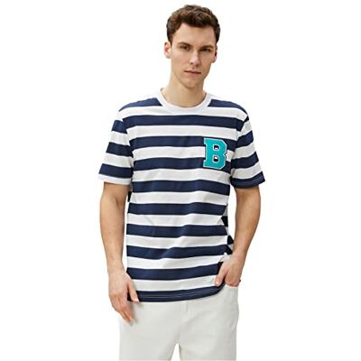 Koton Herr överdimensionerad Varsity broderad crew neck kortärmad bomull T-shirt, Marin Stripe (06 m), M Koton Herr överdimensionerad Varsity broderad crew neck kortärmad bomull T-shirt, Marin Stripe (06 m), M