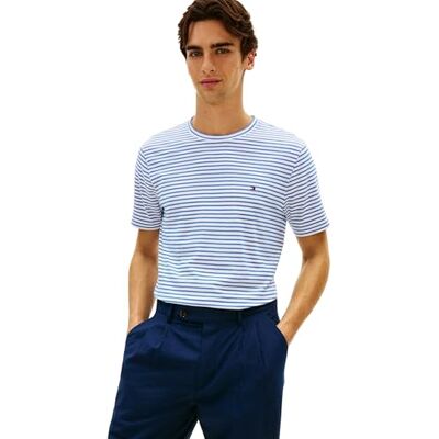 Tommy Hilfiger Ess Seasonal Reg Fit Stripe Tee Mw0mw40923 T-shirt S/S, vit (vit/kunglig blå) XS herr Tommy Hilfiger Ess Seasonal Reg Fit Stripe Tee Mw0mw40923 T-shirt S/S, vit (vit/kunglig blå) XS herr