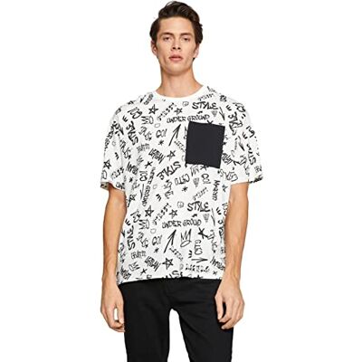 Koton herr överdimensionerad slogan tryckt ficka detalj t-shirt, Vitmönstrad (0d0), XL Koton herr överdimensionerad slogan tryckt ficka detalj t-shirt, Vitmönstrad (0d0), XL