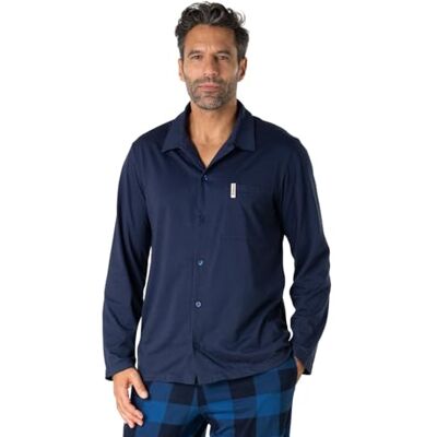 EMINENCE Lång herrpyjamas för campare 100% kammad bomullsjersey långärmad knappjacka + byxor med 2 fickor Oeko-TEX® Standard 100, Marinblå/preussisk blå, S EMINENCE Lång herrpyjamas för campare 100% kammad bomullsjersey långärmad knappjacka + byxor med 2 fickor Oeko-TEX® Standard 100, Marinblå/preussisk blå, S