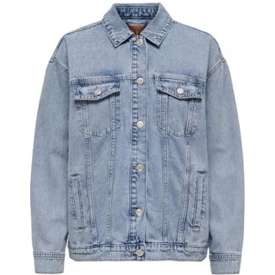 ONLY damjeansjacka, huva med dragsko, ärmmuddar med knapp, djup axeljacka, Ljusblå denim, S ONLY damjeansjacka, huva med dragsko, ärmmuddar med knapp, djup axeljacka, Ljusblå denim, S