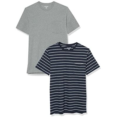 Amazon Essentials mäns Slim-Fit kortärmad rund hals ficka t-shirt, paket med 2, grå ljung/marinblå rand, Large Amazon Essentials mäns Slim-Fit kortärmad rund hals ficka t-shirt, paket med 2, grå ljung/marinblå rand, Large
