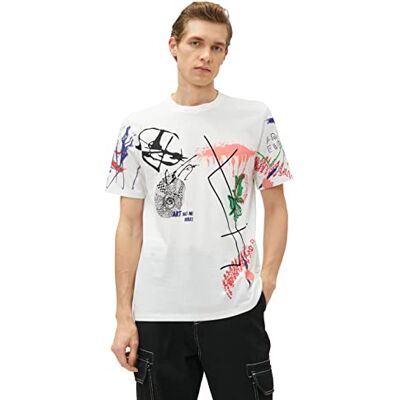 Koton mäns slogantryck psyhedelisk detaljerad crew neck bomull t-shirt, Vit design (0d0), XL Koton mäns slogantryck psyhedelisk detaljerad crew neck bomull t-shirt, Vit design (0d0), XL