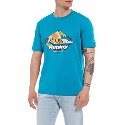 Replay T-shirt för män kortärmad med tryck, Neon Sky 180, XS Replay T-shirt för män kortärmad med tryck, Neon Sky 180, XS