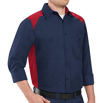 Red Kap Långärmad t-shirt för män skjorta knapp, Röd/marinblå, L Red Kap Långärmad t-shirt för män skjorta knapp, Röd/marinblå, L