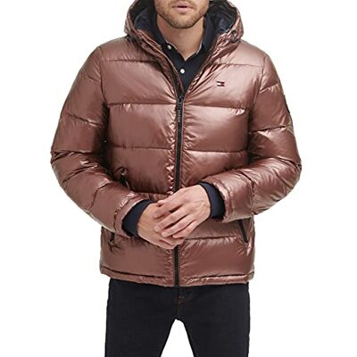 Tommy Hilfiger Hooded Puffer Jacket herr Down Alternative Outerwear Coat Hooded Puffer Jacket, Pärlemorskimrande brun, M Tommy Hilfiger Hooded Puffer Jacket herr Down Alternative Outerwear Coat Hooded Puffer Jacket, Pärlemorskimrande brun, M