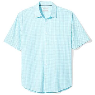 Amazon Essentials mäns normal passform kortärmad poplin-skjorta, aqua blå gingham, X-Small Amazon Essentials mäns normal passform kortärmad poplin-skjorta, aqua blå gingham, X-Small