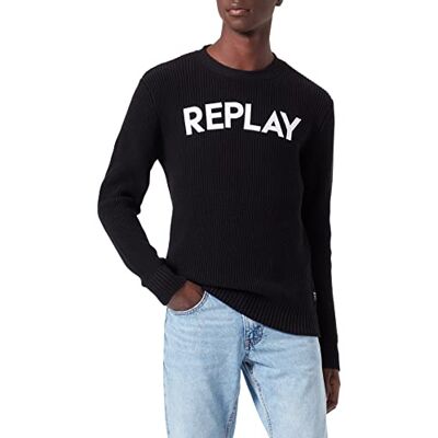 Replay Stickad tröja för män med rund hals, 098 svart, S Replay Stickad tröja för män med rund hals, 098 svart, S