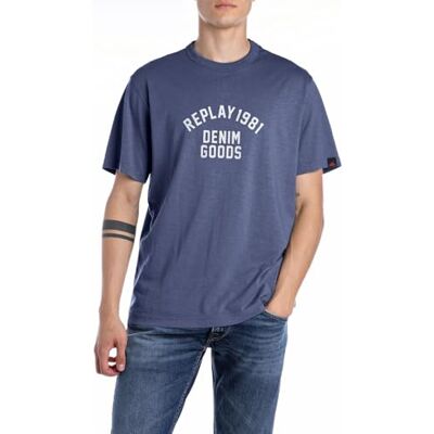 Replay Herr regular fit T-shirt av bomull, 282 medium blå, L Replay Herr regular fit T-shirt av bomull, 282 medium blå, L