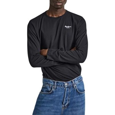 Pepe Jeans London Original Basic 3N Herr Slim Fit Långärmad T-Shirt, Bomullstretch Rund Hals med Logo, Svart Pepe Jeans London Original Basic 3N Herr Slim Fit Långärmad T-Shirt, Bomullstretch Rund Hals med Logo, Svart