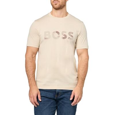 Boss T-shirt i bomull för män med stor texturerad logotyp, peyotte, storlek L Boss T-shirt i bomull för män med stor texturerad logotyp, peyotte, storlek L