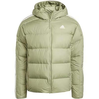 adidas För Män Essentials Midweight Down Hooded Stripes Jacket, TENT GREEN F16, M adidas För Män Essentials Midweight Down Hooded Stripes Jacket, TENT GREEN F16, M