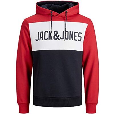 JACK & JONES Man huvtröja färgblockerande logotyp, Tangoröd, L JACK & JONES Man huvtröja färgblockerande logotyp, Tangoröd, L
