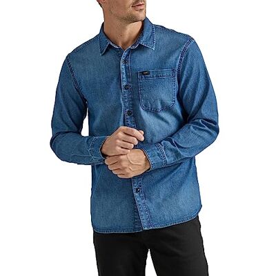Lee Mäns Extreme Motion all-syfte arbetsskjorta, långärmad skjorta med knäppkrage, Denim medium tvätt indigo, M Lee Mäns Extreme Motion all-syfte arbetsskjorta, långärmad skjorta med knäppkrage, Denim medium tvätt indigo, M
