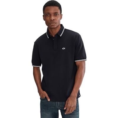 Giorgio Armani Men's Essential, dubbel randig ärm och krage sida monogram logo pikétröja, blå, S, djup marin, S Giorgio Armani Men's Essential, dubbel randig ärm och krage sida monogram logo pikétröja, blå, S, djup marin, S