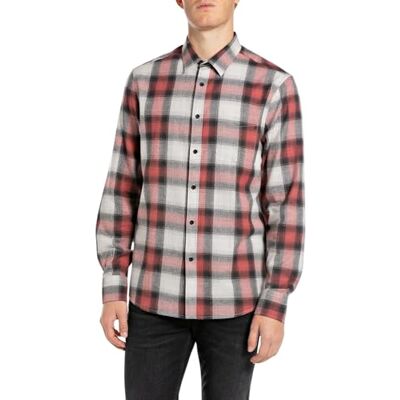 Replay Herrskjorta, långärmad i bomull, 010 naturlig vit/röd/svart, XL Replay Herrskjorta, långärmad i bomull, 010 naturlig vit/röd/svart, XL