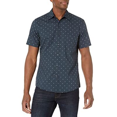 Amazon Essentials Men's Kortärmad tryckt skjorta smal passform, Marinblå Vit Ankartryck, L Amazon Essentials Men's Kortärmad tryckt skjorta smal passform, Marinblå Vit Ankartryck, L
