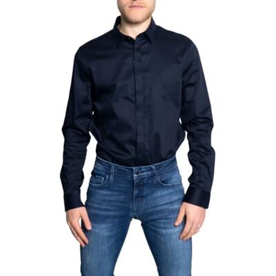 Giorgio Armani Smart Stretch satin fritidsskjorta för män, blå, M Giorgio Armani Smart Stretch satin fritidsskjorta för män, blå, M
