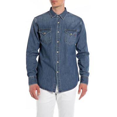 Replay Långärmad jeansskjorta för män, 009 medium blå, XS Replay Långärmad jeansskjorta för män, 009 medium blå, XS