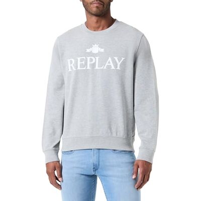Replay Sweatshirt för män, normal passform med rund hals, M08 ljusgrå melerad, XS Replay Sweatshirt för män, normal passform med rund hals, M08 ljusgrå melerad, XS
