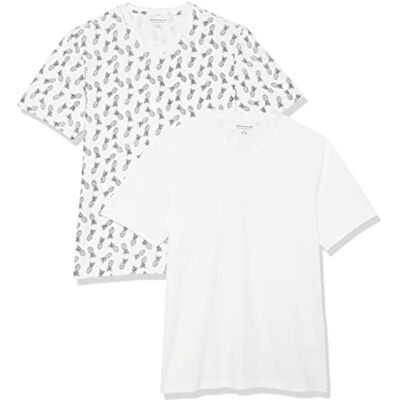 Amazon Essentials mäns Slim-Fit kortärmad V-ringad t-shirt, paket med 2, vit/ananas tryck, medium Amazon Essentials mäns Slim-Fit kortärmad V-ringad t-shirt, paket med 2, vit/ananas tryck, medium