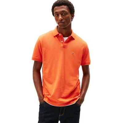 Tommy Hilfiger kortärmade pikétröjor för män i klassisk passform med stretch och ekologisk pikébomull, Briljant orange, XL Tommy Hilfiger kortärmade pikétröjor för män i klassisk passform med stretch och ekologisk pikébomull, Briljant orange, XL