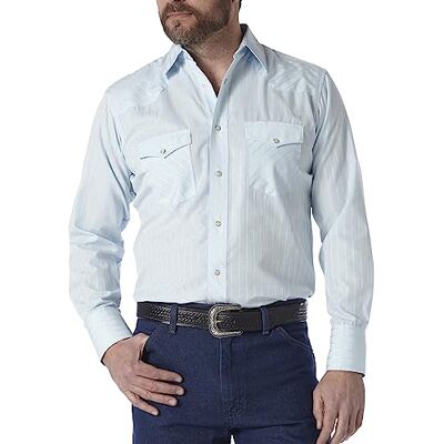 Wrangler Långärmad herrskjorta med logga och rutor i westernstil, stängning med tryckknappar, BLÅ, L Wrangler Långärmad herrskjorta med logga och rutor i westernstil, stängning med tryckknappar, BLÅ, L