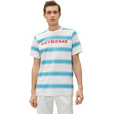 Koton Herr slogan tryckt crew neck kortärmad bomull t-shirt, Turkos ränder (6s8), S Koton Herr slogan tryckt crew neck kortärmad bomull t-shirt, Turkos ränder (6s8), S