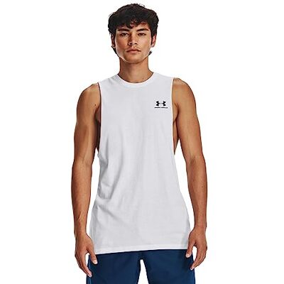 Under Armour Sportstyle för män, left, bröst, cut-off tee, ärmlös, (100) vit/svart, S Under Armour Sportstyle för män, left, bröst, cut-off tee, ärmlös, (100) vit/svart, S