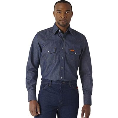 Wrangler Men's Flame Resistant Western Two Pocket Snap Shirt, Denim, XXL Wrangler Men's Flame Resistant Western Two Pocket Snap Shirt, Denim, XXL