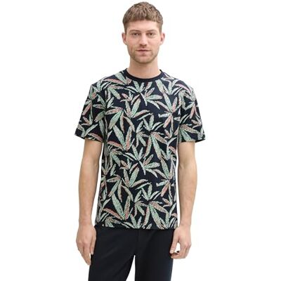 TOM TAILOR herr-t-shirt med mönster, 37152 – marinblå multibladsdesign, M TOM TAILOR herr-t-shirt med mönster, 37152 – marinblå multibladsdesign, M