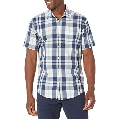 Amazon Essentials Men's Kortärmad poplinskjorta med normal passform, Marinblå Vit Stora rutor, M Amazon Essentials Men's Kortärmad poplinskjorta med normal passform, Marinblå Vit Stora rutor, M