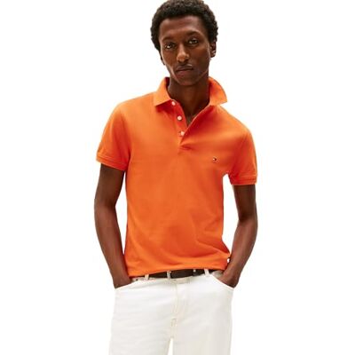 Tommy Hilfiger kortärmade pikétröjor för män i smal passform med stretch och ekologisk pikébomull kortärmade pikétröjor i smal passform med stretch och ekologisk pikébomull, Briljant orange, XXL Tommy Hilfiger kortärmade pikétröjor för män i smal passform med stretch och ekologisk pikébomull kortärmade pikétröjor i smal passform med stretch och ekologisk pikébomull, Briljant orange, XXL