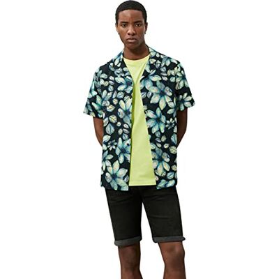 Koton Herr blommig kortärmad Lapel Neck Tryckt bomullströja, Blå design (6 d4), S Koton Herr blommig kortärmad Lapel Neck Tryckt bomullströja, Blå design (6 d4), S