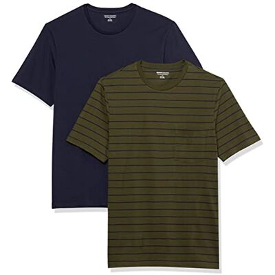 Amazon Essentials Herr Slim-Fit kortärmad T-shirt med rund hals, 2-pack, marinblå/oliv/rand, Large Amazon Essentials Herr Slim-Fit kortärmad T-shirt med rund hals, 2-pack, marinblå/oliv/rand, Large