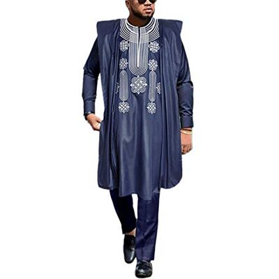 HD afrikanska herrkläder Agbada, tredelad outfit med broderad dashiki-skjorta, byxor och överdel., BLÅ, 4XL HD afrikanska herrkläder Agbada, tredelad outfit med broderad dashiki-skjorta, byxor och överdel., BLÅ, 4XL