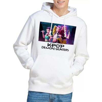 KPop Demon Hunters unisex Huntrix grupp sjungande unisex huvtröja, vit tröja med huva, Vitt, XXL KPop Demon Hunters unisex Huntrix grupp sjungande unisex huvtröja, vit tröja med huva, Vitt, XXL