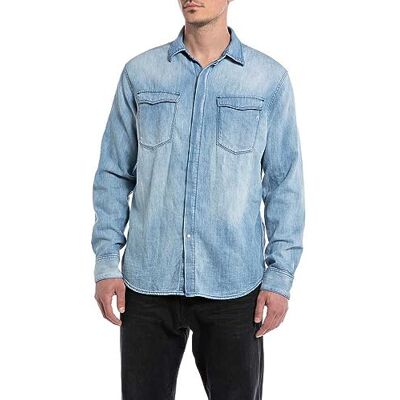 Replay Jeanströja för män, långärmad av bomull, Medium blå 009, M Replay Jeanströja för män, långärmad av bomull, Medium blå 009, M