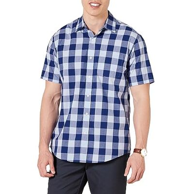 Amazon Essentials Men's Kortärmad poplinskjorta med normal passform, Blå Buffalorutigt, M Amazon Essentials Men's Kortärmad poplinskjorta med normal passform, Blå Buffalorutigt, M