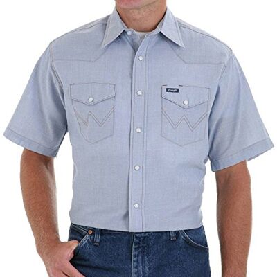 Wrangler Cowboy-skuren långärmad arbetsskjorta med tryckknappar i västernstil för män, tvättad finish, ogenomskinlig, Medium Blå, 50 SE Wrangler Cowboy-skuren långärmad arbetsskjorta med tryckknappar i västernstil för män, tvättad finish, ogenomskinlig, Medium Blå, 50 SE