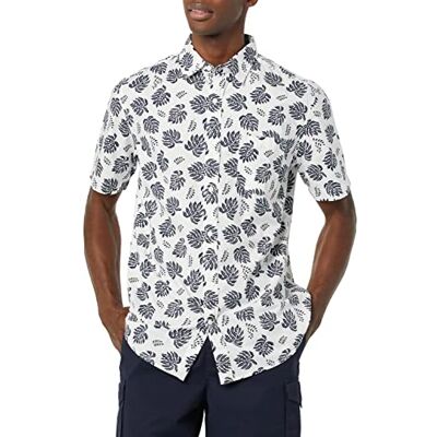 Amazon Essentials kortärmad stretch-poplin-skjorta för män (finns i stort och långt), marinvitt palmblad, Large Amazon Essentials kortärmad stretch-poplin-skjorta för män (finns i stort och långt), marinvitt palmblad, Large