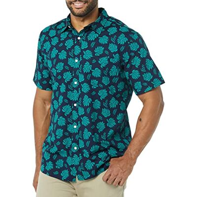 Amazon Essentials mäns Slim-Fit kortärmad poplin-skjorta, marinblå blågrön grön palmblad tryck, XX-Large Amazon Essentials mäns Slim-Fit kortärmad poplin-skjorta, marinblå blågrön grön palmblad tryck, XX-Large