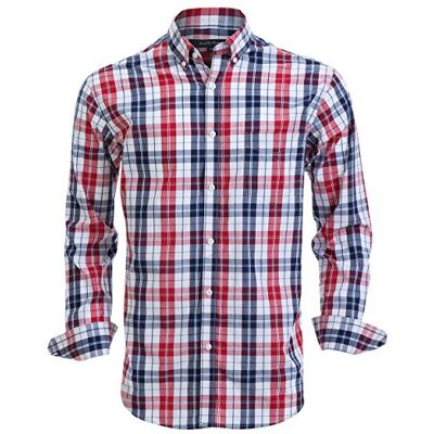 Double Pump Dubbel pump mäns Button down-skjortor bomull långärmade skjortor normal passform, Röd/marinblå, XL Double Pump Dubbel pump mäns Button down-skjortor bomull långärmade skjortor normal passform, Röd/marinblå, XL