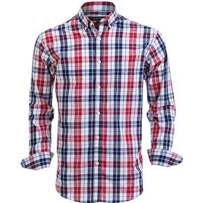 Double Pump mäns Button down-skjortor 100% bomull långärmade skjortor normal passform, Röd/marinblå, L Double Pump mäns Button down-skjortor 100% bomull långärmade skjortor normal passform, Röd/marinblå, L