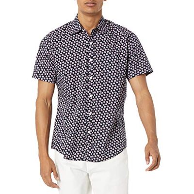 Amazon Essentials Men's Kortärmad tryckt skjorta normal passform, Marinblå/Rosa Snäckskal, S Amazon Essentials Men's Kortärmad tryckt skjorta normal passform, Marinblå/Rosa Snäckskal, S