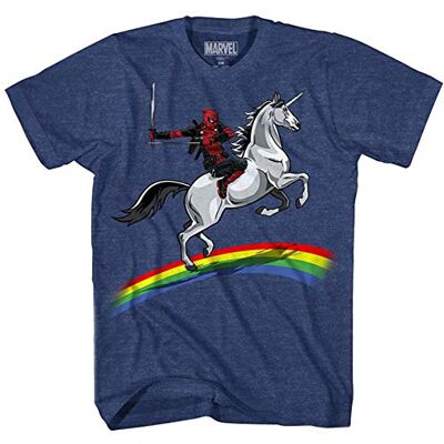 Marvel Deadpool Riding a Unicorn on a Rainbow T-shirt, Marinblå ljung, XL Marvel Deadpool Riding a Unicorn on a Rainbow T-shirt, Marinblå ljung, XL