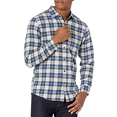 Amazon Essentials Men's Långärmad rutig flanellskjorta smal passform (färger i begränsad upplaga), Blå Brun Rutig, XS Amazon Essentials Men's Långärmad rutig flanellskjorta smal passform (färger i begränsad upplaga), Blå Brun Rutig, XS