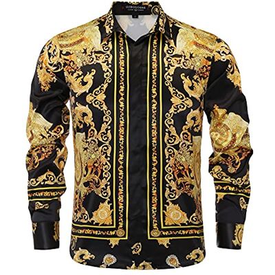 GSBOGOSSE Kostymskjorta för män, tryckt silkesliknande satin, med knappar, för fest, bal, långärmad, smal passform, blommig, skjorta för nattklubb GSBOGOSSE Kostymskjorta för män, tryckt silkesliknande satin, med knappar, för fest, bal, långärmad, smal passform, blommig, skjorta för nattklubb