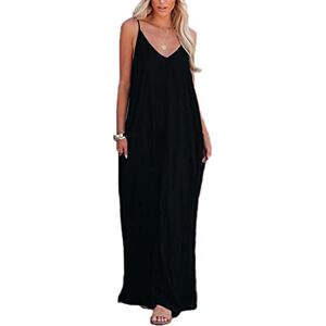 Poetsky Dam vardaglig rem V-hals ärmlös blommiga fickor lös lång maxi strandklänning solklänning, A-svart, XXL Poetsky Dam vardaglig rem V-hals ärmlös blommiga fickor lös lång maxi strandklänning solklänning, A-svart, XXL
